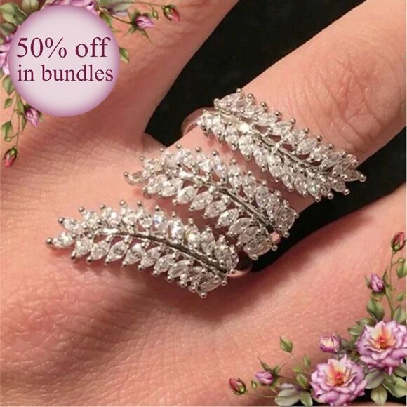 Cubic Zirconia Leaf Shaped Open Ring - Picture 13 of 13